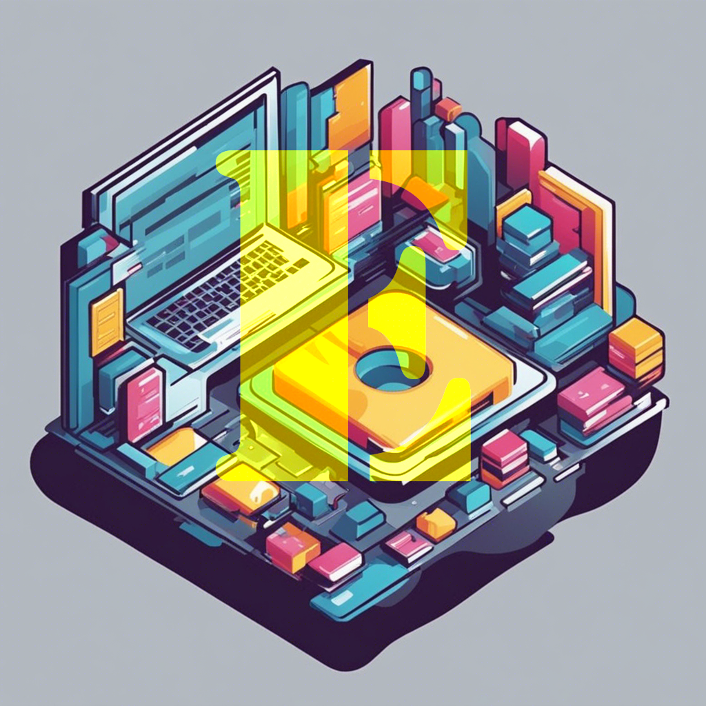 A vibrant yellow letter 'E' is prominently displayed over an isometric illustration of a computer motherboard with a CPU and other components, representing the Microsoft Excel course materials.