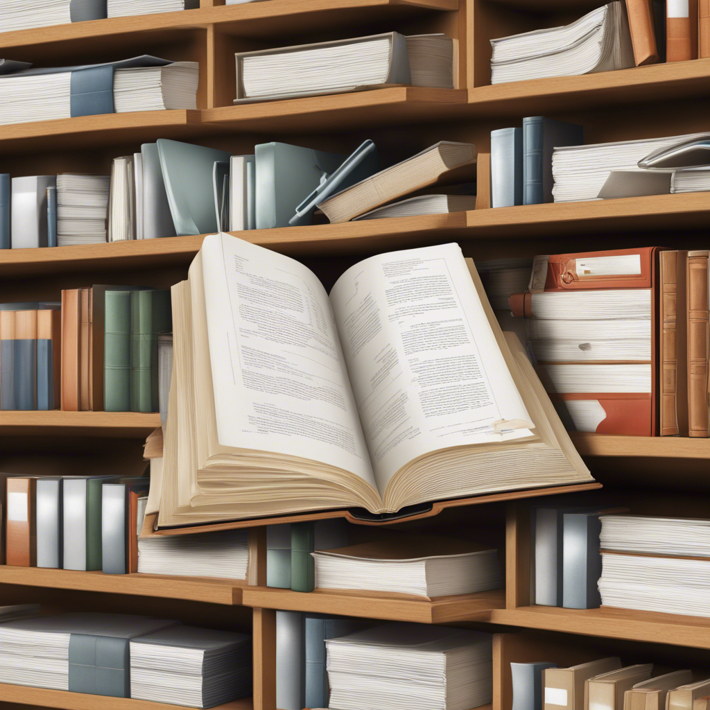 A large, open book hovers in the foreground of an image, its pages filled with text. Behind it, wooden bookshelves are packed with various books and documents, creating a sense of being surrounded by knowledge.